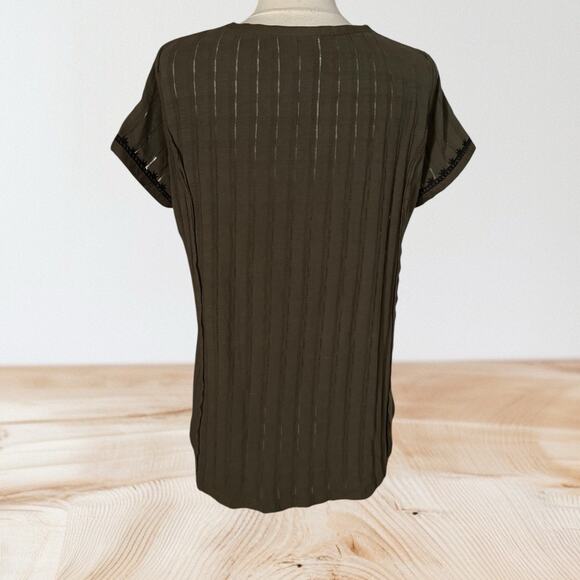 Akemi + Kin Anthropologie Top Size Large Dandelion Embroidered Beaded Boho Olive - Picture 5 of 10